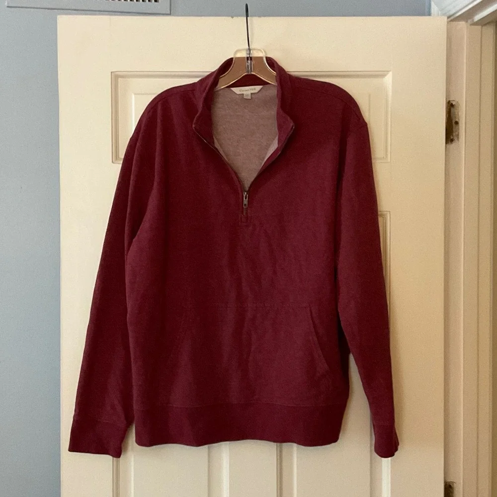 Garnet Hill Mens French Terry Quarter-Zip Sweatshirt Heathered Red  Large cozy